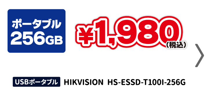 
          240GB 2,980円（税込）
          ・HIKVISION HS-ESSD-T100I-256G-WHITE ポータブルSSD 256GB ホワイト
        