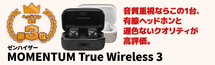 第3位‥‥ゼンハイザー MOMENTUM True Wireless 3　「音質重視」ならこの1台、有線ヘッドホンと遜色ないクオリティが高評価。