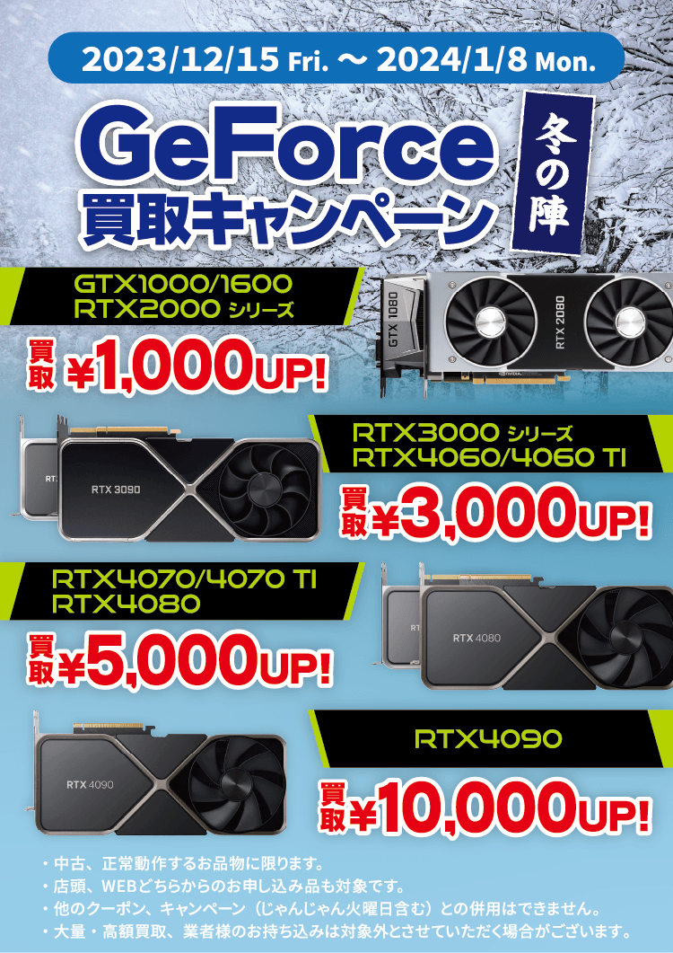 
        GeForce買取キャンペーン冬の陣
        実施期間：2023年12月15日（金）～2024年1月8日（月・祝）
        NVIDIA GeForceシリーズ
        GTX1000/1600シリーズ、RTX2000シリーズは最終査定額より買取1,000円アップ！
        RTX3000シリーズ、RTX4060/4060 Tiは最終査定額より買取3,000円アップ！
        RTX4070/4070 Ti/4080は最終査定額より買取5,000円アップ！
        RTX4090は最終査定額より買取10,000円アップ！
        ※中古、正常動作するお品物に限ります。
        ※店頭、WEBどちらからのお申し込み品も対象です。
        ※他のクーポン、キャンペーン（じゃんじゃん火曜日含む）との併用はできません。
        ※大量/高額買取、業者様のお持ち込みは対象外とさせていただく場合がございます。
        